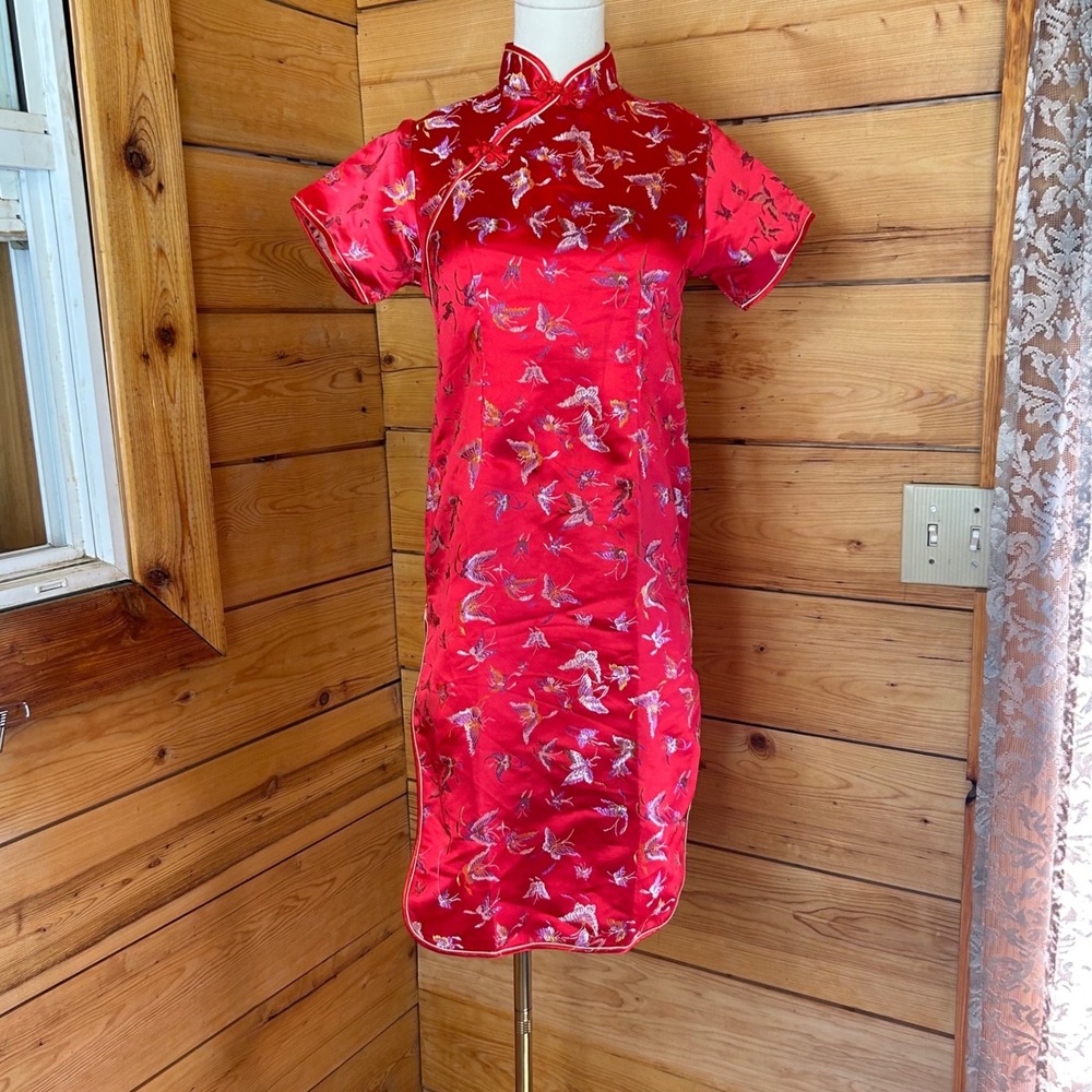 Vintage Red Cheongsam Qipao Dress Women Small Satin Butterfly Jacquard MCM